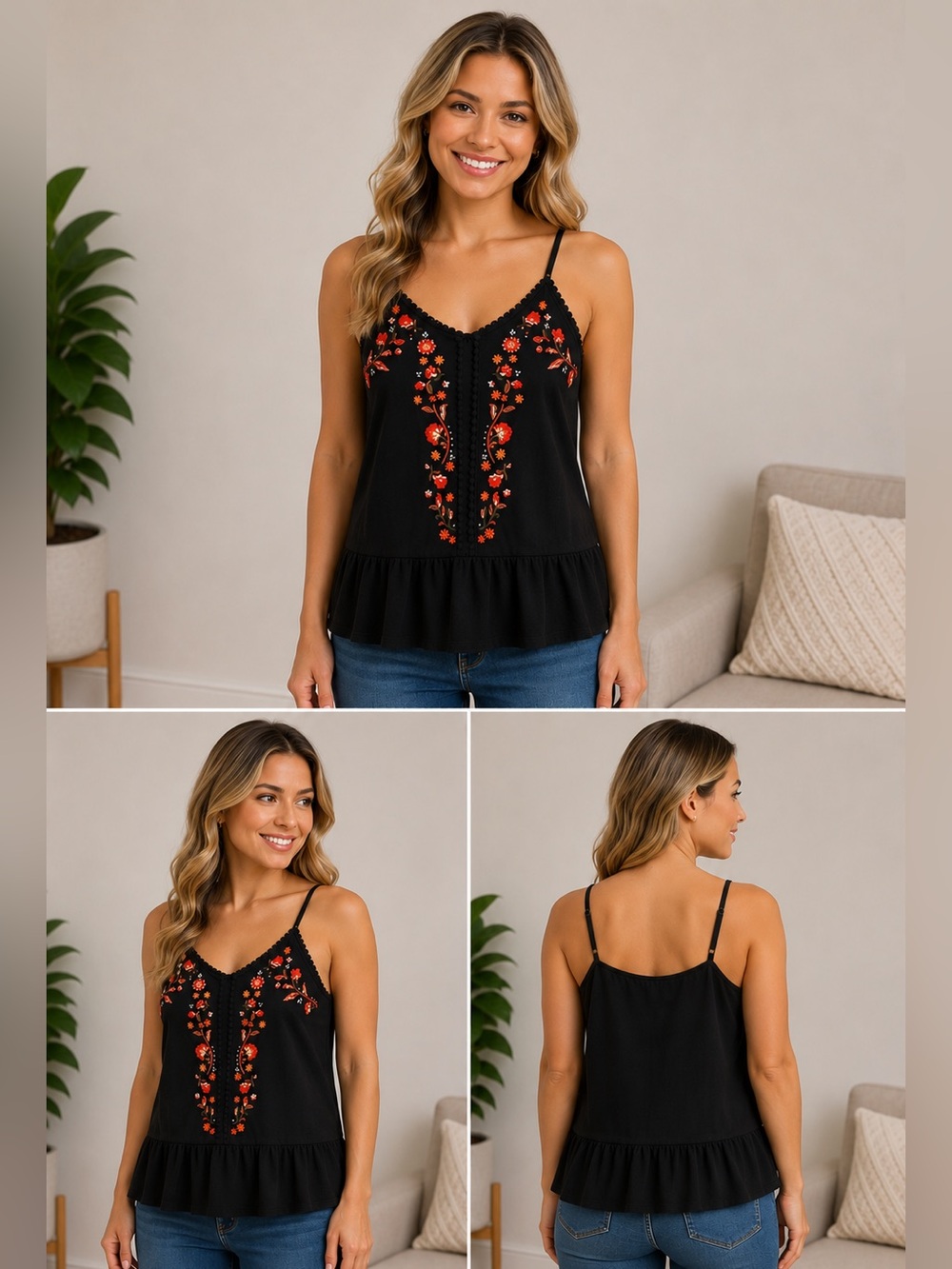 love on a hanger Black Tank Top with Red Floral Embroidery